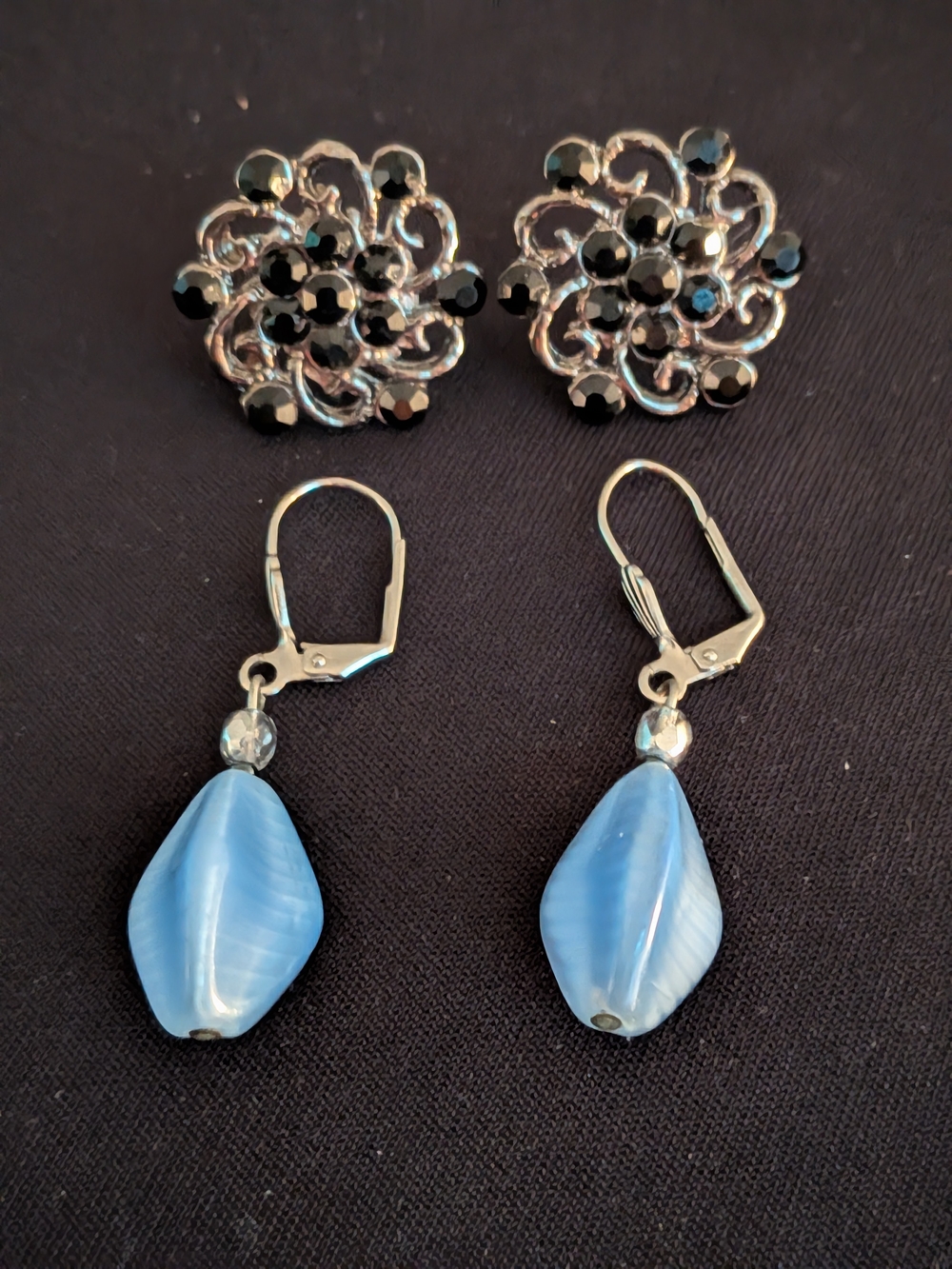 Silver Tone and Black Floral Studs & Blue Drop Earrings Set